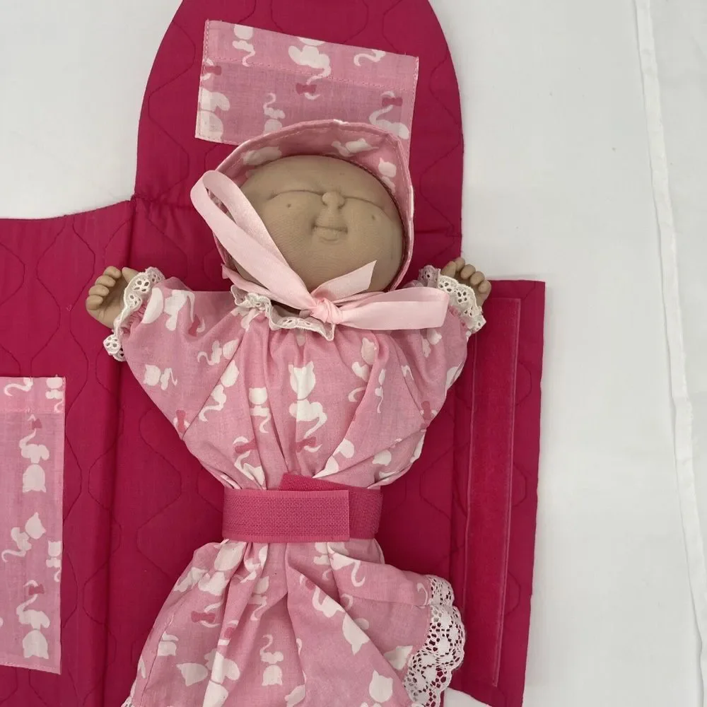 VTG 80s Pen Pals Pink Cloth Mailbox With Baby Doll Inside Extra Nightgown Pocket